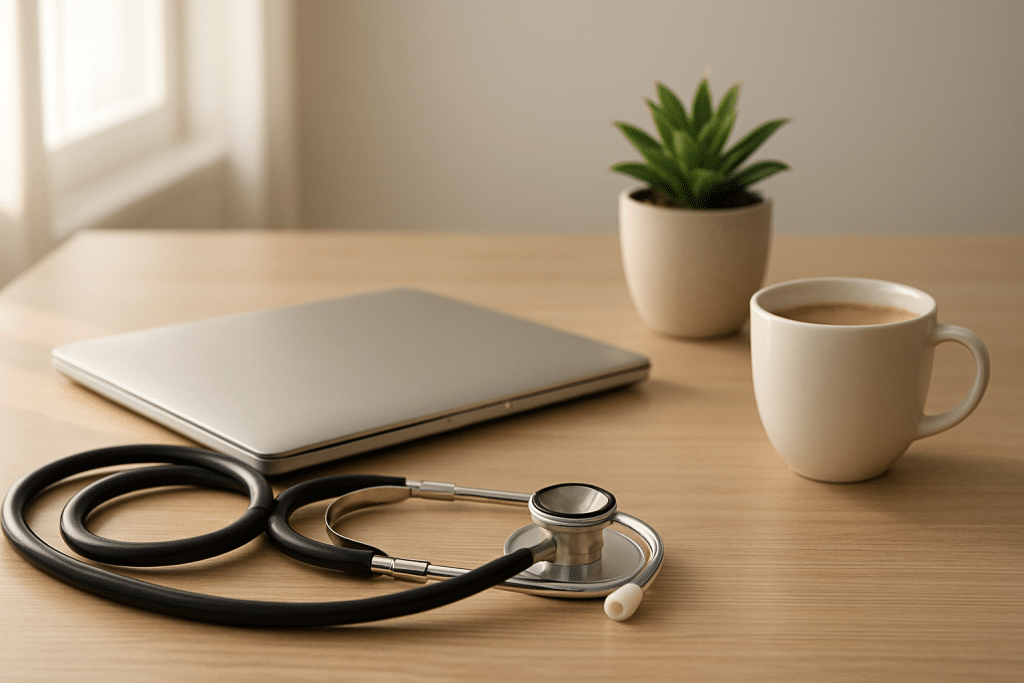 Bureau épuré évoquant la complémentaire santé : stéthoscope, plante et ordinateur