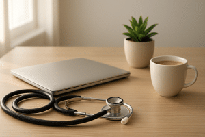 Bureau épuré évoquant la complémentaire santé : stéthoscope, plante et ordinateur