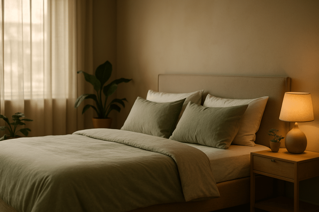 Chambre apaisante aménagée pour un meilleur sommeil : lumière douce, plantes et tons naturels