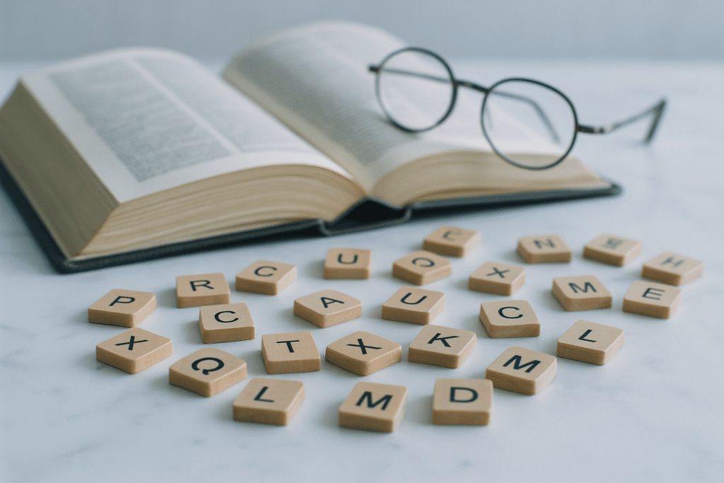 Lettres en bois et dictionnaire ouvert illustrant une liste de mots de vocabulaire