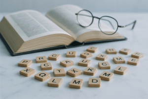 Lettres en bois et dictionnaire ouvert illustrant une liste de mots de vocabulaire