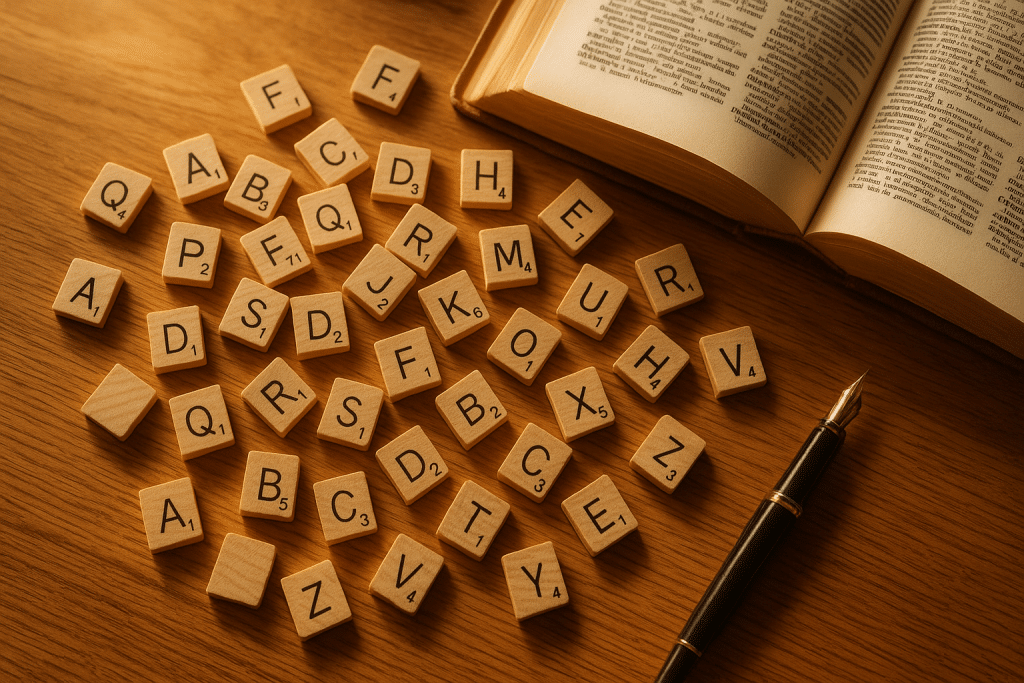 Jeu de lettres en bois et dictionnaire ouvert illustrant une liste de mots de vocabulaire