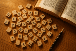Jeu de lettres en bois et dictionnaire ouvert illustrant une liste de mots de vocabulaire