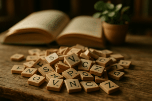 Lettres en bois et livre ouvert illustrant une liste de mots de vocabulaire